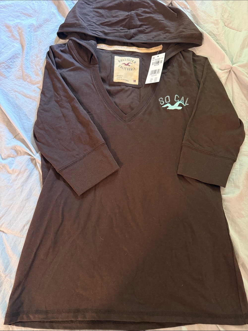 Hollister Brown Hooded V-Neck Tee with Aqua So Cal Logo
